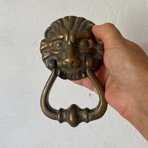 Op de afbeelding: Een koperen deurklopper met een gebeeldhouwde leeuwenkop met gedetailleerde manen en gelaatstrekken. De klopper heeft een zware, donkere metalen afwerking met een scharnierende, U-vormige handgreep die aan de bek van de leeuw hangt.