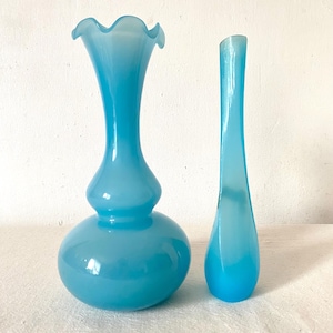 Pode incluir: Dois vasos de vidro turquesa. Um vaso tem uma base bulbosa e uma borda com babados. O outro é alto e esguio com um design liso e cônico. Ambos os vasos são de um tom azul vibrante e provavelmente decorativos.