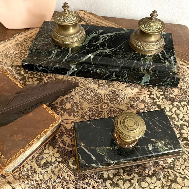 Mable Writing Antique Marble and Metal Writing Set, Double Inkwell in the Napoleon ...