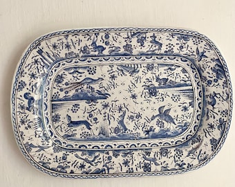 Vintage hand-painted rectangular decorative dish with animal decor, Portugal