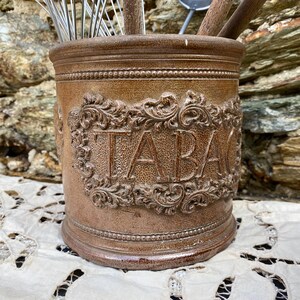 Ancien pot à tabac en grès brun , Grand Pot à ustensiles en grès f, rangement couverts cuisine, déco bistrot