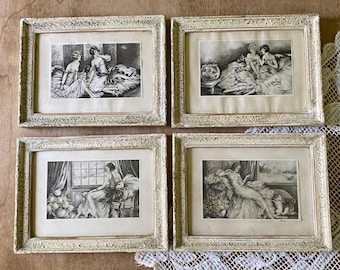 Antique engravings of women and animals, antique frames from 1900