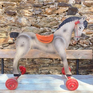 Jouet Ancien Cheval à Roulettes - Années 60 - Déco Enfantine Rétro