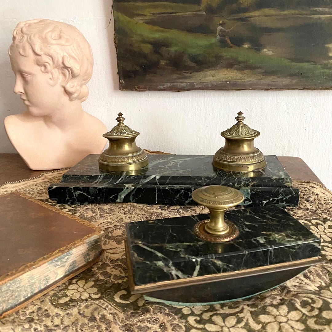 Mable Writing Antique Marble and Metal Writing Set, Double Inkwell in the Napoleon ...