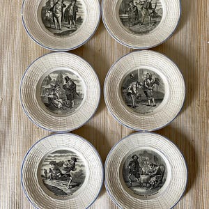 6 talking plates with expressions theme, Antique plates Gien France, Antique plates Gien France