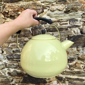 Puede incluir: Una tetera de esmalte amarillo pálido con asa y boquilla negras. La tetera tiene un cuerpo redondeado y una tapa con un pomo negro. El asa es arqueada y está sujeta a la tetera con soportes negros.