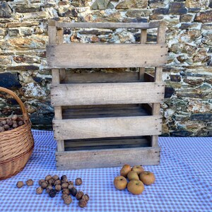 Peut inclure: Une caisse en bois rustique à trois étagères, idéale pour le stockage ou l'exposition. La caisse est en bois clair et est placée contre un mur en pierre. Un panier en osier rempli de noix et un tas de pommes sont à proximité.