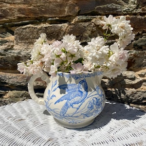 May include: A white ceramic jug with a blue bird and floral pattern, holding white roses. The jug has a curved handle and is on a white wicker table. The background is a stone wall.