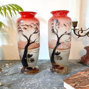 Paire de vases 1900 en pâte de verre peinte, Décor lacustre,Art Nouveau,Début XXe siècle