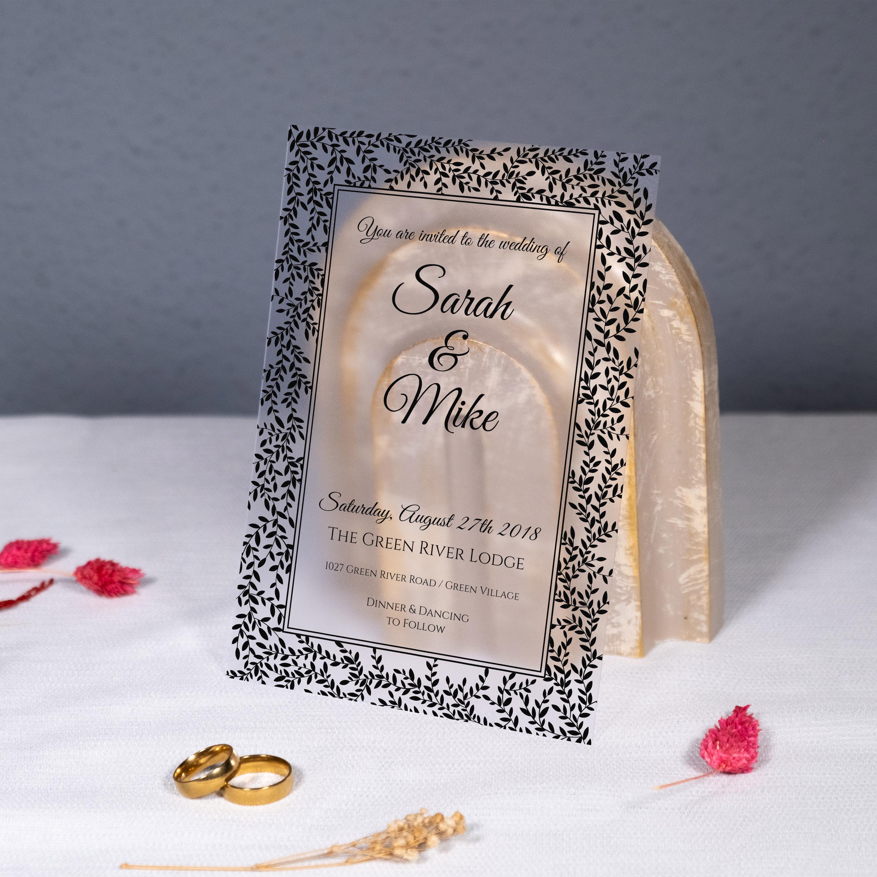 Black Elegant White Floral Invitation: Frosted Clear PVC, Personalized ...