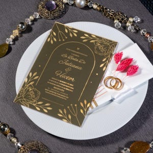 Convite dourado, Convite de casamento com fotografia, Convite dourado, Convite espelhado dourado, Acrílico de luxo
