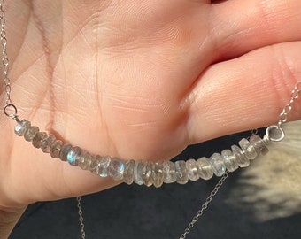 Faceted Labradorite Bar Necklace, Handmade Gemstone Delicate Necklace, Sterling Silver Chain, Labradorite Gemstone Sterling Silver