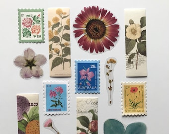 60 Flower Sticker Set/ Transparent Flower Stickers/ Botanical Stamp, Strip Stickers/ Craft Supplies/ Ephemera Stickers/ Scrapbook Stickers