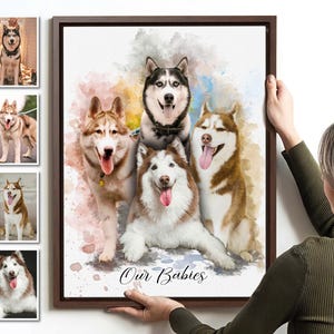 May include: A watercolor painting of four dogs, three brown and white and one white with black markings. The dogs are all looking at the camera and have their tongues sticking out. The painting is on a white background with a light blue, pink, and yellow watercolor wash. The text "Our Babies" is written in black at the bottom of the painting.