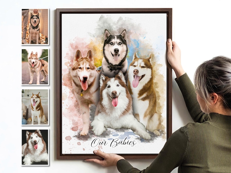 May include: A watercolor painting of four dogs, three brown and white and one white with black markings. The dogs are all looking at the camera and have their tongues sticking out. The painting is on a white background with a light blue, pink, and yellow watercolor wash. The text "Our Babies" is written in black at the bottom of the painting.