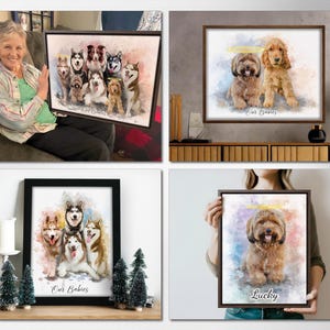 May include: Four watercolor paintings of dogs. The first painting shows a group of dogs with a rainbow background. The second painting shows two dogs with a halo above their heads. The third painting shows four dogs with a rainbow background. The fourth painting shows a single dog with a halo above its head.