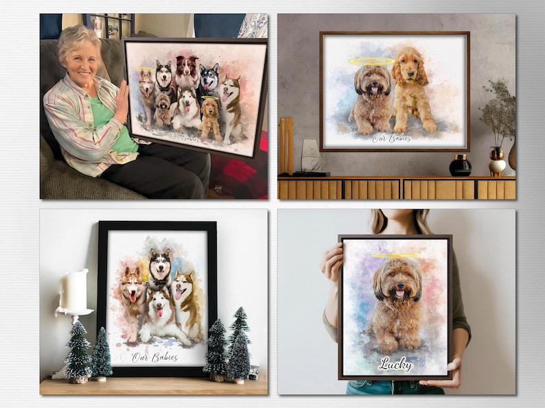 May include: Four watercolor paintings of dogs. The first painting shows a group of dogs with a rainbow background. The second painting shows two dogs with a halo above their heads. The third painting shows four dogs with a rainbow background. The fourth painting shows a single dog with a halo above its head.