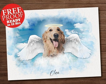 Custom Watercolor Pet Portrait with Angel Wings: Dog Memorial Gift