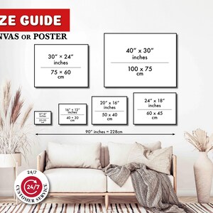 May include: Size guide for canvas or poster prints.  The guide shows different sizes in inches and centimeters, including 10x8 inches, 14x12 inches, 20x16 inches, 24x18 inches, 30x24 inches, and 40x30 inches.
