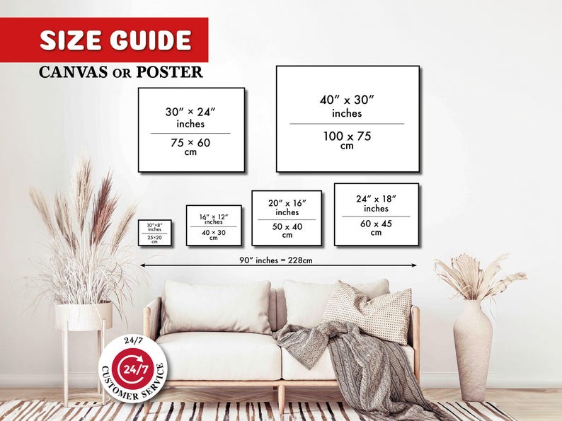 May include: Size guide for canvas or poster prints.  The guide shows different sizes in inches and centimeters, including 10x8 inches, 14x12 inches, 20x16 inches, 24x18 inches, 30x24 inches, and 40x30 inches.