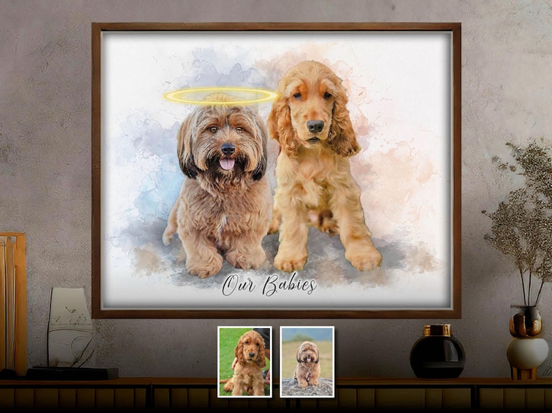 May include: A watercolor painting of two dogs, one with a halo above its head. The dogs are brown and white and are sitting in front of a light blue and pink background. The text "Our Babies" is written below the dogs.