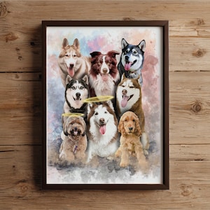 Puede incluir: Una impresión en acuarela enmarcada que presenta un grupo de perros, incluyendo Huskies, un Border Collie y un Cocker Spaniel. Los perros están representados con halos, sobre un fondo suave y colorido. El marco es de color marrón oscuro.