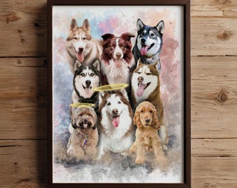 Custom Multiple Dog Portrait Watercolor Style Canvas, Personalized Pet Memorial Artwork, Pet Loss Gift
