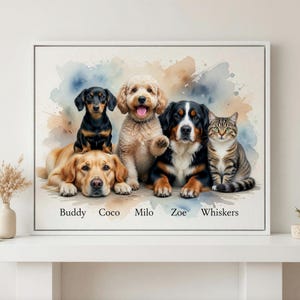 May include: A framed wall art print featuring a watercolor-style illustration of five pets: a golden retriever, a dachshund, a curly-haired dog, a Bernese mountain dog, and a tabby cat. The names Buddy, Coco, Milo, Zoe, and Whiskers are printed below.
