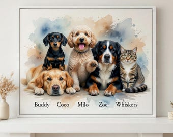 May include: A framed wall art print featuring a watercolor-style illustration of five pets: a golden retriever, a dachshund, a curly-haired dog, a Bernese mountain dog, and a tabby cat. The names Buddy, Coco, Milo, Zoe, and Whiskers are printed below.
