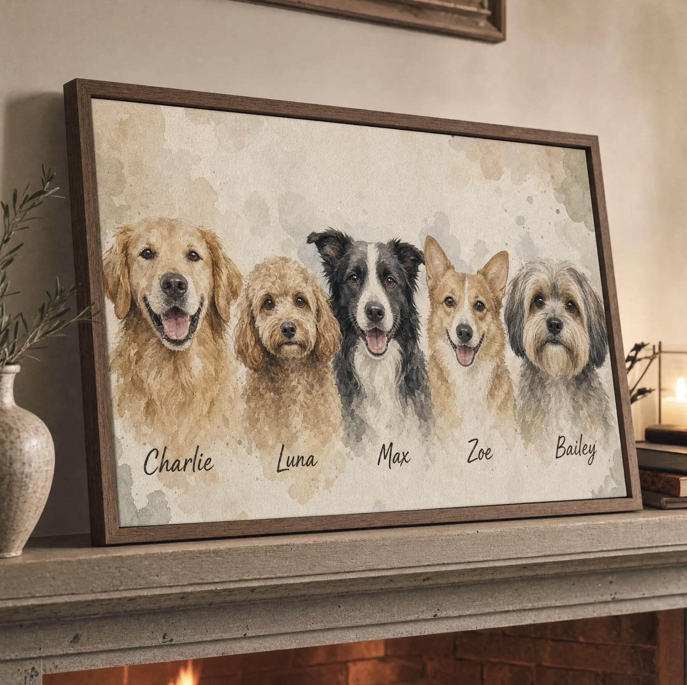 Custom Watercolor Pet Portrait, Multiple Pets Canvas Print, Personalized Dog Cat Family Wall Art Gift