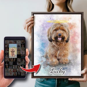 May include: A watercolor painting of a brown dog with a halo above its head. The dog is sitting on a light blue and pink background. The painting is framed in a brown frame and the dog's name, "Lucky", is written below the dog.