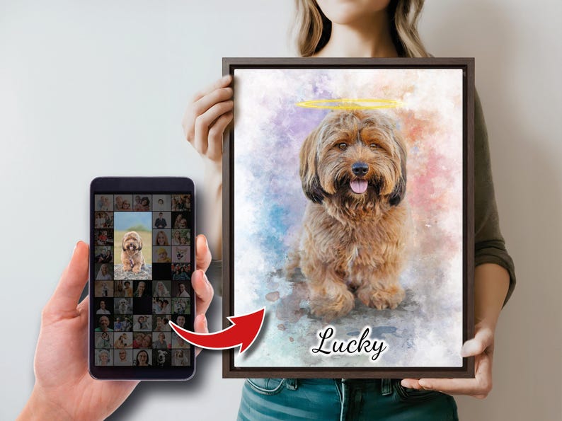 May include: A watercolor painting of a brown dog with a halo above its head. The dog is sitting on a light blue and pink background. The painting is framed in a brown frame and the dog's name, "Lucky", is written below the dog.