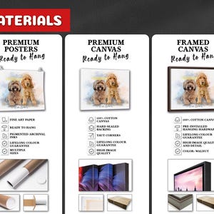 May include: Three options for printing a dog portrait: a premium poster, a premium canvas print, and a framed canvas print. Each option includes a picture of two dogs, a description of the materials used, and a list of features.