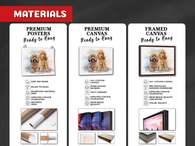 May include: Three options for printing a dog portrait: a premium poster, a premium canvas print, and a framed canvas print. Each option includes a picture of two dogs, a description of the materials used, and a list of features.