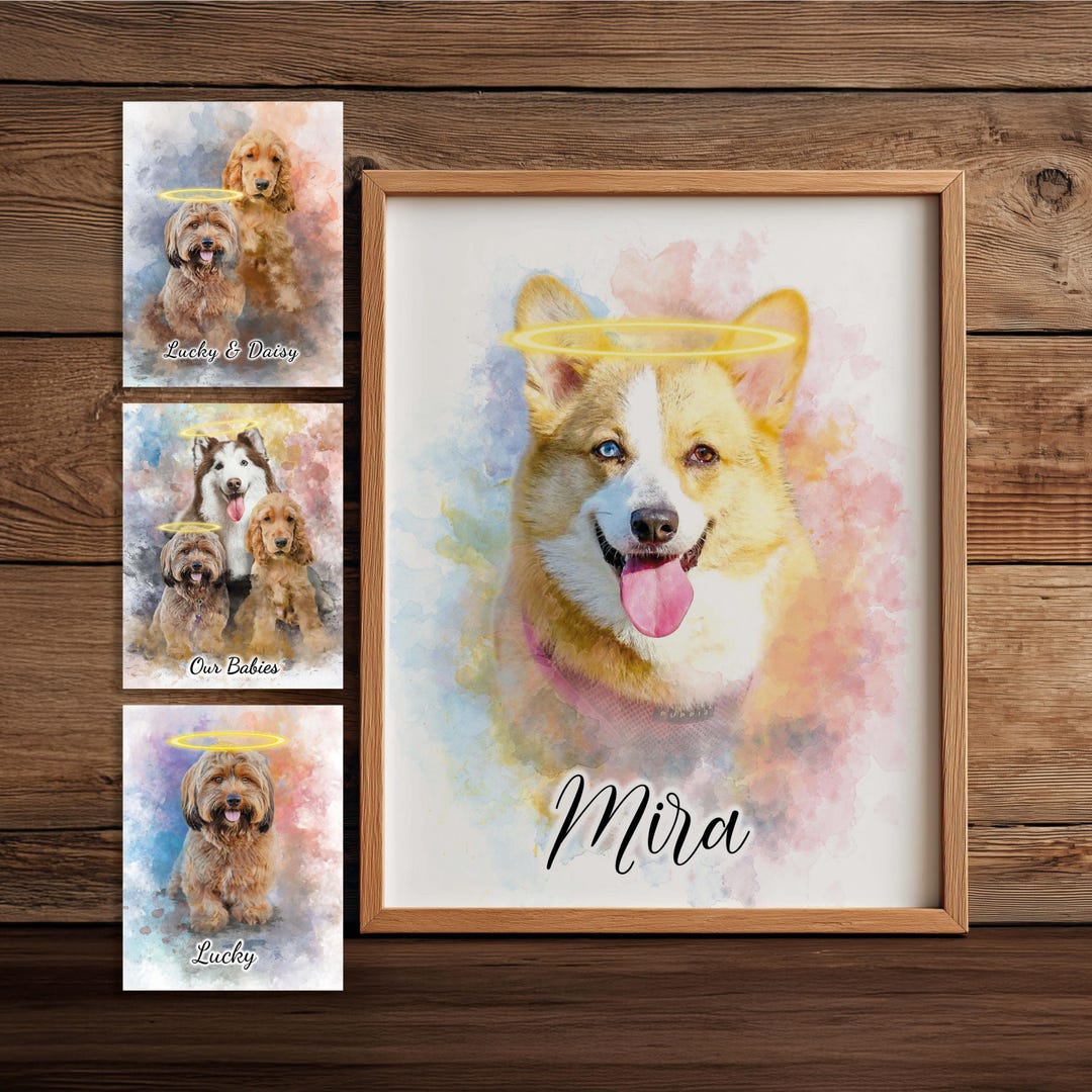 Custom Watercolor Pet Portrait With Halo | Dog Memorial Gift | Pet ...