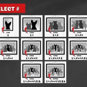 May include: A selection of ten black and white silhouette images of dogs in frames. The frames are numbered 1 through 10, with the number of dogs in each frame corresponding to the number. The text "SELECT #" appears at the top of the image.