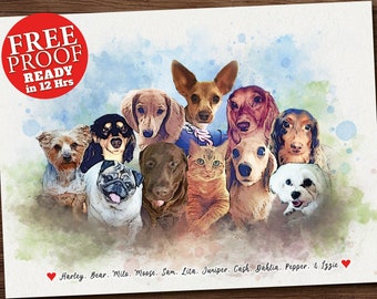 Puede incluir: Una pintura de acuarela de 11 perros y un gato. Los perros son de varias razas, incluyendo un dachshund, un pug, un Yorkshire terrier y un maltés. El gato es un tabby. Todos los animales miran a la cámara. La pintura está sobre un fondo de acuarela azul y verde. El texto "FREE PROOF READY in 12 Hrs" está en un círculo rojo en la parte superior izquierda de la imagen. El texto "Harley. Bear. Milo. Moose. Sam. Lita. Juniper. Cash. Dahlia. Pepper. & Izzie" está en la parte inferior de la imagen.