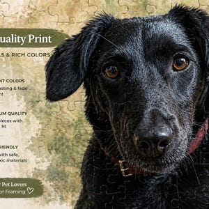Op de afbeelding: Een close-up van een zwarte hond met bruine ogen en een rode halsband. De afbeelding maakt deel uit van een puzzel met de tekst "High-Quality Print" en "Made for Pet Lovers". De puzzelstukjes zijn zichtbaar.