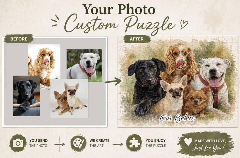 Op de afbeelding: Aangepaste foto-puzzel met een aquarelportret van zes honden. De afbeelding bevat een voor- en na-vergelijking, die de originele foto's en het voltooide puzzelontwerp laat zien. De tekst op de puzzel luidt "Our Babies."