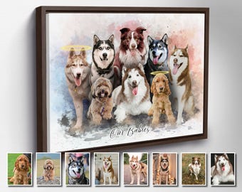 Custom Dog Portrait, Multiple Dog Pic, Pet Portrait Painting, Digital Dog Print with Halo, Four Pets Portrait Customized Pet Portrait