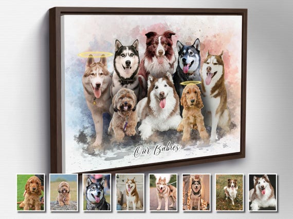 Custom Dog Portrait, Multiple Dog Pic, Pet Portrait Painting, Digital Dog Print with Halo, Four Pets Portrait Customized Pet Portrait