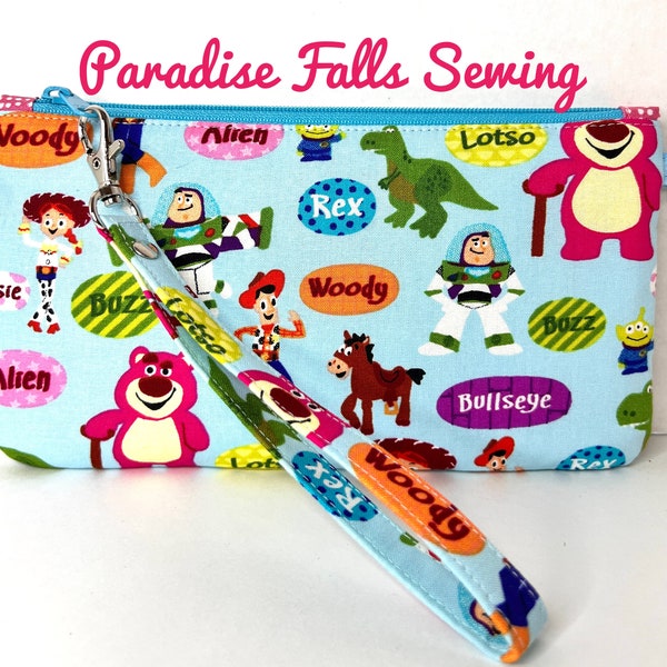 Toy Story inspired 3 Card Slots Zipper Bag Wristlet Wallet Blue Pink by Paradise Falls Sewing