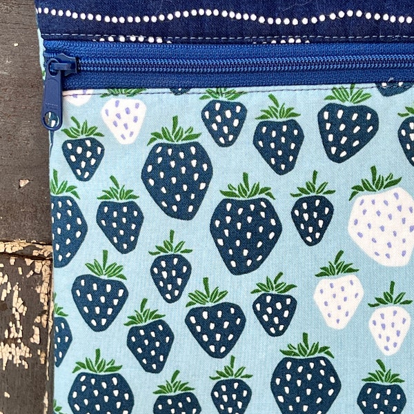 Cross Body Bag ~ Blue Strawberries ~ by Paradise Falls Sewing ~ Lightning Fast Shipping