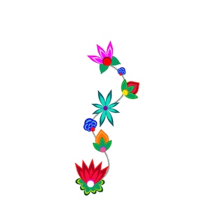 May include: A colorful floral design with pink, blue, green, orange, and red flowers. The flowers are arranged in a vertical line on a white background.