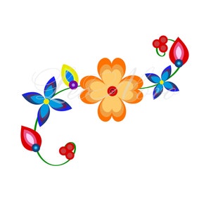 Pode incluir: Uma ilustração digital de um motivo floral com uma flor central laranja de quatro pétalas, ladeada por duas flores azuis de quatro pétalas, duas folhas vermelhas em forma de gota, dois grupos de três bagas vermelhas e uma folha amarela num caule.