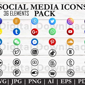 以下が含まれることがあります： Facebook、Instagram、Twitterなど、36個のソーシャルメディアアイコンを含むデジタルダウンロードグラフィック。アイコンは様々な色とスタイルで、上部に「SOCIAL MEDIA ICONS 36 ELEMENTS PACK」、下部にファイルタイプのオプションが表示されています。