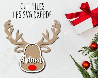 Reindeer Face Christmas Ornament SVG Bundle: Custom Name Stocking Tag (Digital Download)