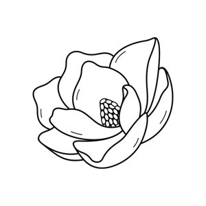 以下が含まれることがあります： マグノリアの花の白黒の線画。花は満開で、複数の花びらがあります。
