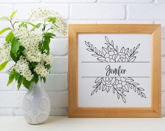 Marco floral dividido para nombre en formato SVG: Borde botánico dibujado a mano (descarga digital)
