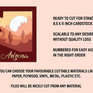Puede incluir: Un archivo de corte digital del estado de Arizona con una puesta de sol y un paisaje des&eacute;rtico. El archivo est&aacute; listo para cortar para cartulina est&aacute;ndar de 8,5 x 11 pulgadas y se puede escalar a cualquier tama&ntilde;o deseado sin p&eacute;rdida de calidad. El archivo est&aacute; numerado para un f&aacute;cil montaje en el orden correcto. Puedes elegir tus materiales cortables favoritos como papel, madera contrachapada, vinilo, metal, pl&aacute;stico, etc. Los archivos se cortar&aacute;n perfectamente de cualquier material.